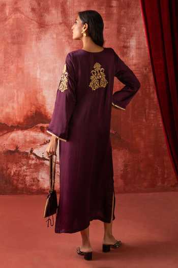 Shop_Studio Rang by Swati_Wine Satin Keyhole Neck Royal Affair Kaftan With Bag _at_Aza_Fashions