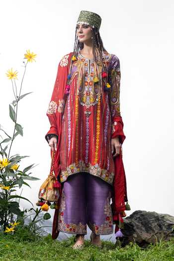 Buy_Studio Rang by Swati_Red , Chiffon, Chanderi Round Badamwari Embroidered Choga Kurta Set _Online_at_Aza_Fashions