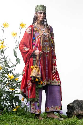 Studio Rang by Swati_Red , Chiffon, Chanderi Round Badamwari Embroidered Choga Kurta Set _at_Aza_Fashions