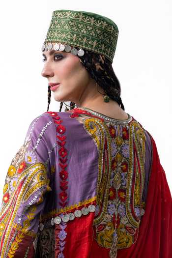 Shop_Studio Rang by Swati_Red , Chiffon, Chanderi Round Badamwari Embroidered Choga Kurta Set _at_Aza_Fashions