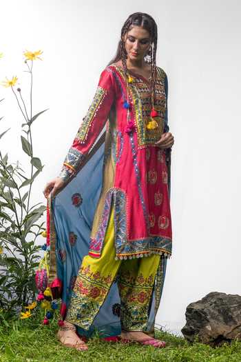 Buy_Studio Rang by Swati_Pink Chanderi Silk, Cotton, Chanderi, Chiffon Tulip Bagh Embroidered Kurta Set _Online_at_Aza_Fashions