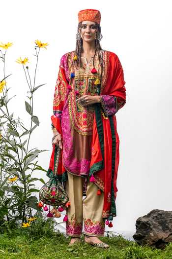 Studio Rang by Swati_Brown Chanderi , Cotton, Chanderi, Deodarini Embroidered Kurta Set _at_Aza_Fashions