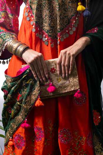 Studio Rang by Swati_Orange Chanderi , Split V-neck, Yes Gurez Gul Embroidered Kurta Set _at_Aza_Fashions