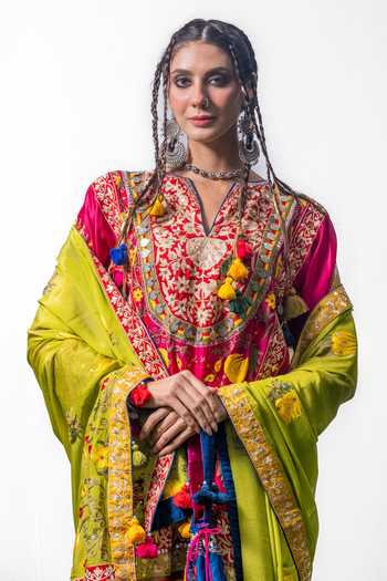 Shop_Studio Rang by Swati_Magenta Silk, Chanderi, Cotton, Chiffon Split Dalrang Embroidered Kurta Set _Online_at_Aza_Fashions