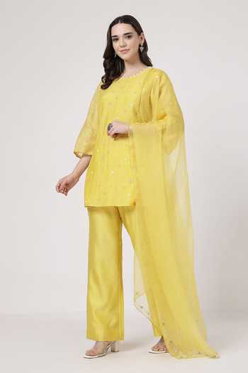 Buy_KAPAAS_Yellow Organza, Chanderi, Muslin (mulmul) Keyhole Neck Kesari Flared Pant Set _Online_at_Aza_Fashions
