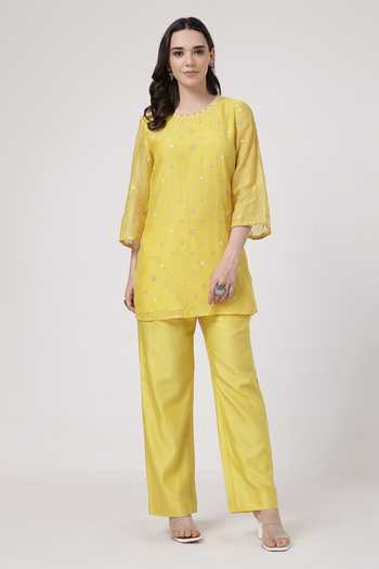 KAPAAS_Yellow Organza, Chanderi, Muslin (mulmul) Keyhole Neck Kesari Flared Pant Set _at_Aza_Fashions