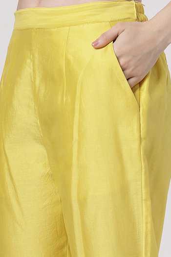Buy_KAPAAS_Yellow Organza, Chanderi, Muslin (mulmul) Keyhole Neck Kesari Flared Pant Set 