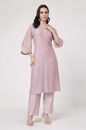 KAPAAS_Purple Organza, Chanderi V-neck Kamal V Kurta Set _Online_at_Aza_Fashions