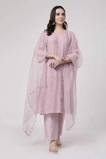 Buy_KAPAAS_Purple Organza, Chanderi V-neck Kamal V Kurta Set _at_Aza_Fashions