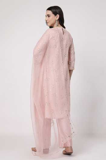 Shop_KAPAAS_Pink Organza, Chanderi V-neck Pankhudi V Kurta Set _at_Aza_Fashions