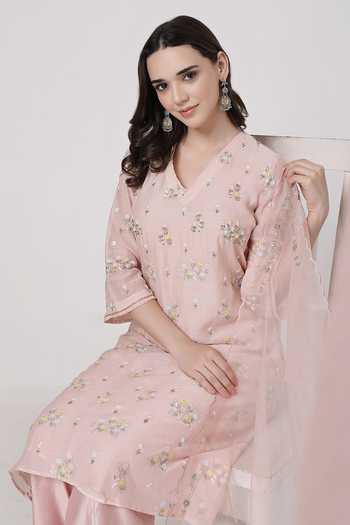 KAPAAS_Pink Organza, Chanderi V-neck Pankhudi V Kurta Set _at_Aza_Fashions
