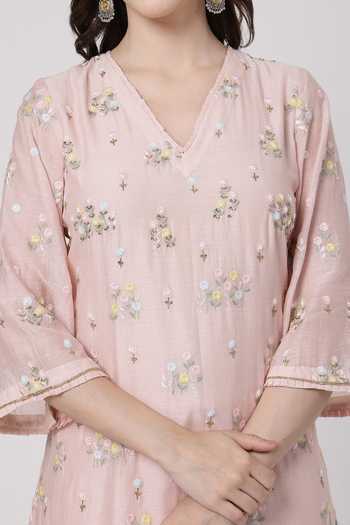 Buy_KAPAAS_Pink Organza, Chanderi V-neck Pankhudi V Kurta Set 