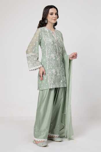 Shop_KAPAAS_Green Chanderi Round Neck Lace Embroidered Kurta Set _Online_at_Aza_Fashions