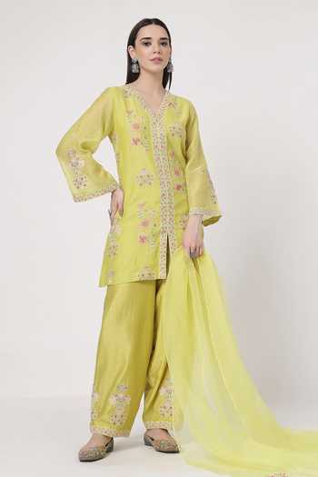 Shop_KAPAAS_Green Organza, Chanderi V-neck, Yes Lime A-line Kurta Set _Online_at_Aza_Fashions