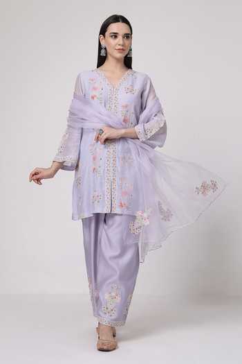 KAPAAS_Purple Chanderi, Organza V-neck Hand Embroidered Kurta Set _Online_at_Aza_Fashions