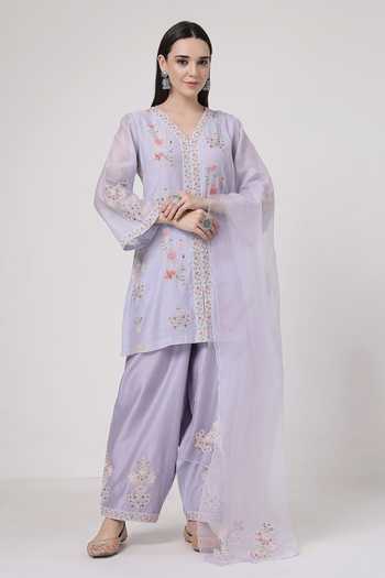 Buy_KAPAAS_Purple Chanderi, Organza V-neck Hand Embroidered Kurta Set _at_Aza_Fashions