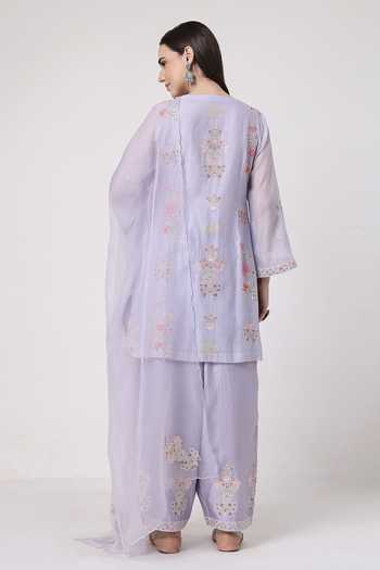 Shop_KAPAAS_Purple Chanderi, Organza V-neck Hand Embroidered Kurta Set _at_Aza_Fashions