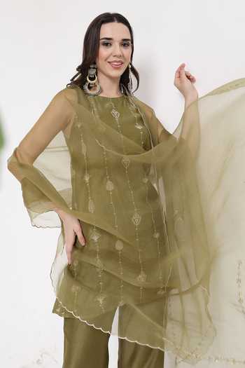 KAPAAS_Olive Green Organza, Chanderi Round Neck A-line Kurta Set _Online_at_Aza_Fashions