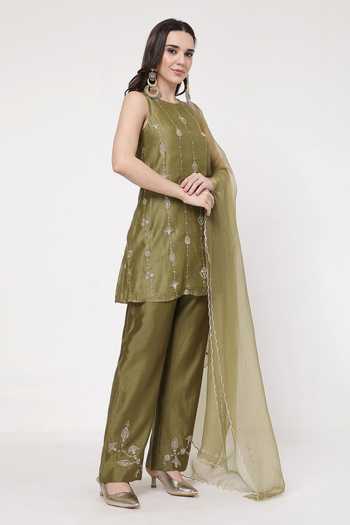 Shop_KAPAAS_Olive Green Organza, Chanderi Round Neck A-line Kurta Set _Online_at_Aza_Fashions