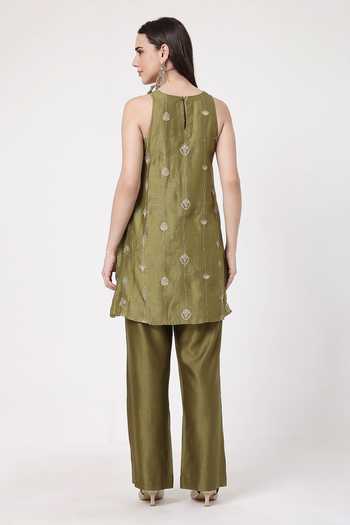 Shop_KAPAAS_Olive Green Organza, Chanderi Round Neck A-line Kurta Set _at_Aza_Fashions