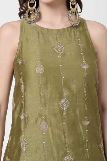 Buy_KAPAAS_Olive Green Organza, Chanderi Round Neck A-line Kurta Set 