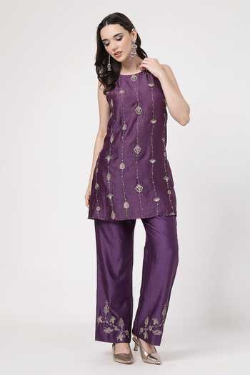 Shop_KAPAAS_Organza, Chanderi Round Neck, Yes Violet A-line Kurta Set _Online_at_Aza_Fashions