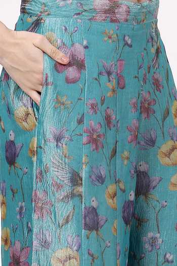 KAPAAS_Blue Organza, Muslin (mulmul), Tissue V-neck Floral Pattern Kurta Sharara Set _Online_at_Aza_Fashions