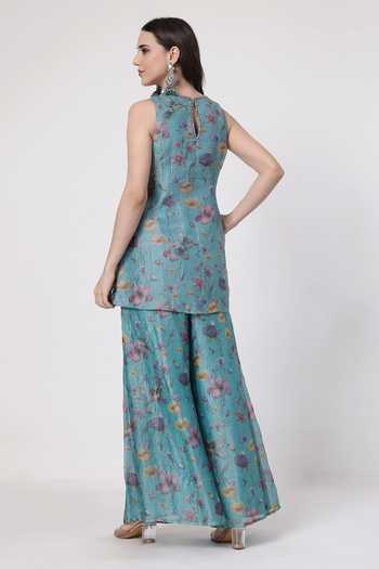 Shop_KAPAAS_Blue Organza, Muslin (mulmul), Tissue V-neck Floral Pattern Kurta Sharara Set _at_Aza_Fashions