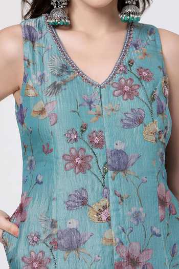 KAPAAS_Blue Organza, Muslin (mulmul), Tissue V-neck Floral Pattern Kurta Sharara Set _at_Aza_Fashions