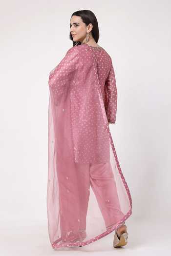 Shop_KAPAAS_Pink Silk, Organza, Tissue V-neck, Yes Bandhani Pattern Kurta Set _at_Aza_Fashions