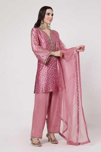 KAPAAS_Pink Silk, Organza, Tissue V-neck, Yes Bandhani Pattern Kurta Set _at_Aza_Fashions