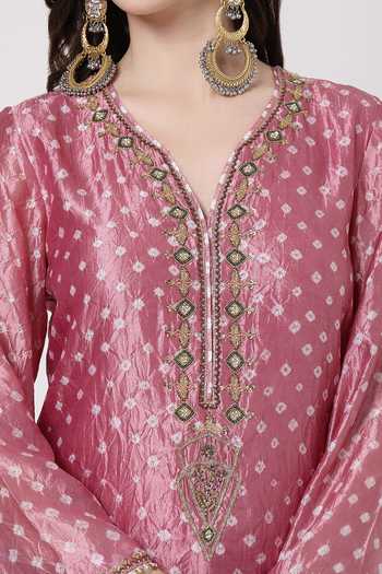 KAPAAS_Pink Silk, Organza, Tissue V-neck, Yes Bandhani Pattern Kurta Set _Online
