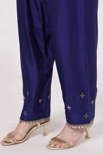 Shop_KAPAAS_Blue Silk, Organza, Tissue V-neck, Yes Midnight Bandhani Kurta Set _Online_at_Aza_Fashions
