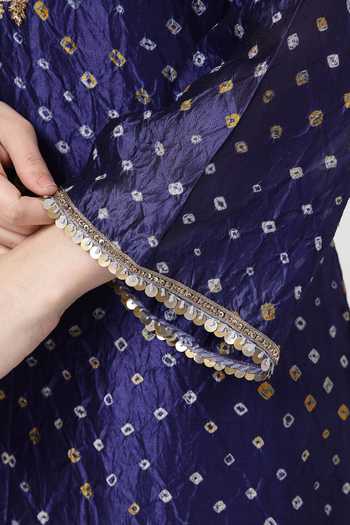 KAPAAS_Blue Silk, Organza, Tissue V-neck, Yes Midnight Bandhani Kurta Set _at_Aza_Fashions
