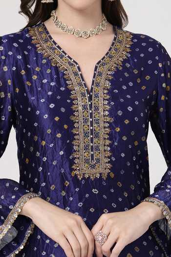 Buy_KAPAAS_Blue Silk, Organza, Tissue V-neck, Yes Midnight Bandhani Kurta Set 