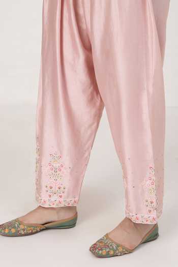 Buy_KAPAAS_Pink Organza, Chanderi V-neck, Yes Pearl Kurta Salwar Set _Online_at_Aza_Fashions