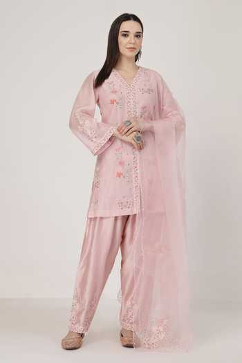 Shop_KAPAAS_Pink Organza, Chanderi V-neck, Yes Pearl Kurta Salwar Set _at_Aza_Fashions