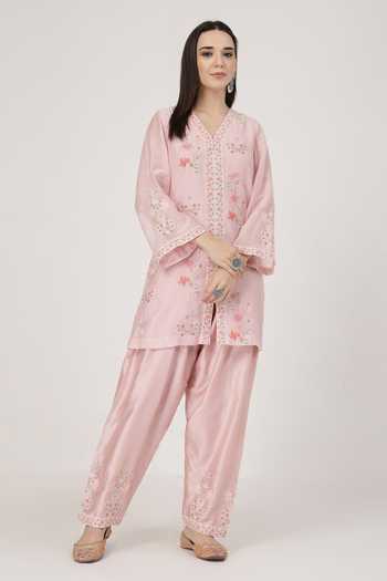 Shop_KAPAAS_Pink Organza, Chanderi V-neck, Yes Pearl Kurta Salwar Set _Online_at_Aza_Fashions