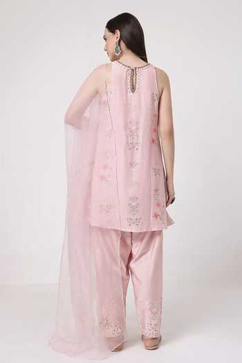 Shop_KAPAAS_Pink Organza, Chanderi Round Neck Pearl A-line Kurta Salwar Set _at_Aza_Fashions
