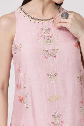 KAPAAS_Pink Organza, Chanderi Round Neck Pearl A-line Kurta Salwar Set _at_Aza_Fashions