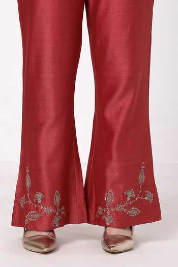 Buy_KAPAAS_Maroon Organza, Chanderi, Muslin (mulmul) Round Neck A-line Kurta Set _Online_at_Aza_Fashions