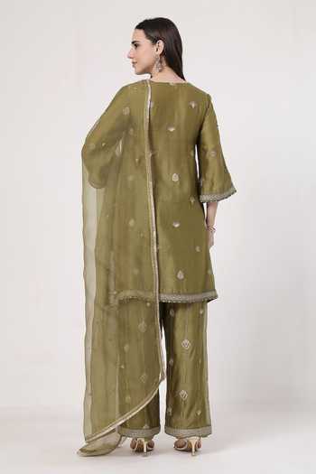 Shop_KAPAAS_Olive Green Organza, Chanderi V-neck, Yes Embroidered Kurta Set _at_Aza_Fashions