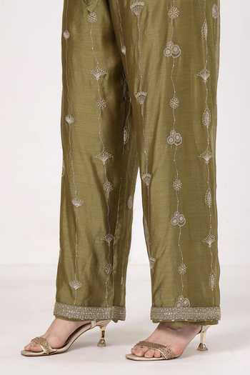 Shop_KAPAAS_Olive Green Organza, Chanderi V-neck, Yes Embroidered Kurta Set _Online_at_Aza_Fashions