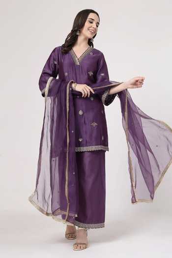 Shop_KAPAAS_Purple Organza, Chanderi V-neck Violet Embroidered Kurta Set _Online_at_Aza_Fashions