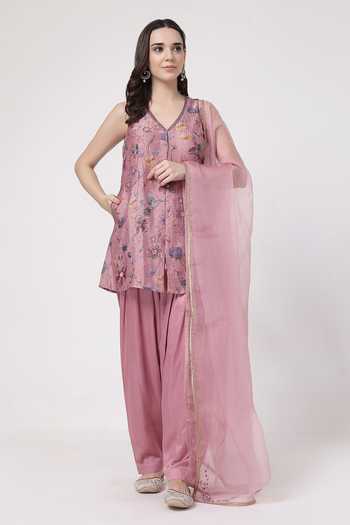 Buy_KAPAAS_Pink Organza, Satin, Tissue V-neck, Yes Embroidered Kurta Salwar Set _at_Aza_Fashions