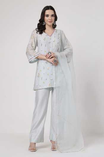 KAPAAS_Blue Organza, Chanderi V-neck, Yes Mint A-line Kurta Set _Online_at_Aza_Fashions