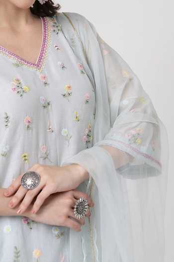 Shop_KAPAAS_Blue Organza, Chanderi V-neck, Yes Mint A-line Kurta Set _Online_at_Aza_Fashions