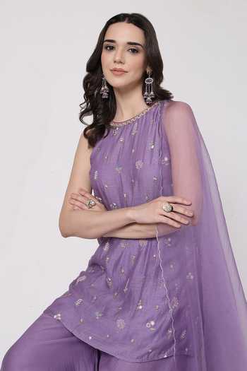 Buy_KAPAAS_Purple Organza, Chanderi Round Neck Lilac Embroidered Kurta Sharara Set _Online_at_Aza_Fashions