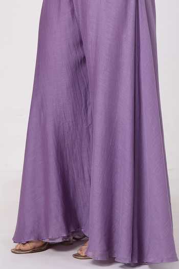 Shop_KAPAAS_Purple Organza, Chanderi Round Neck Lilac Embroidered Kurta Sharara Set _Online_at_Aza_Fashions