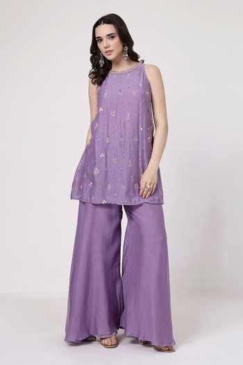 KAPAAS_Purple Organza, Chanderi Round Neck Lilac Embroidered Kurta Sharara Set _at_Aza_Fashions